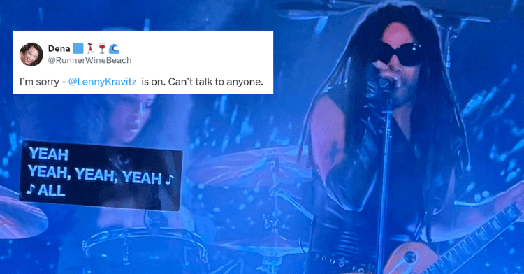 A two-photo collage. The first shows two tweets that read: I'm sorry - @LennyKravitz is on. Can't talk to anyone and That performance was epic! @LennyKravitz needs to do his own Halftime Show! #PeoplesChoiceAwards. The second image shows Lenny Kravitz performing at the "People's Choice Awards."