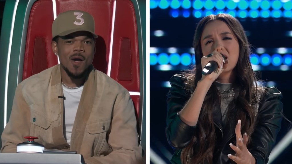 A two-photo collage. The first shows a close up of Chance the Rapper on "The Voice" with his mouth agape. The second image shows singer Maddi Jane singing passionately into the mic.