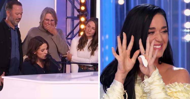 A two-photo collage. The first shows McKenna Breinholt playing the piano as she sings. Family stands around her watching, including her crying grandma. The second image shows a close up of Katy Perry. She's holding her hands up as she looks away, holding back tears. Tissues are in one of her hands.