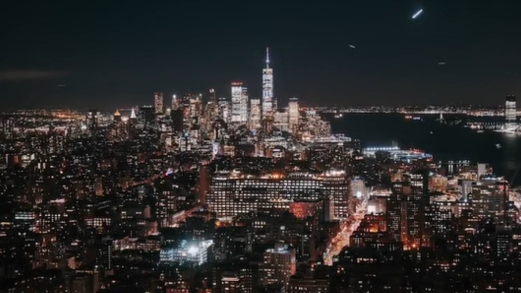 View of the New York City skyline as seen in a timelapse video.
