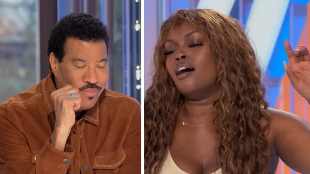A two-photo collage. The first shows "American Idol" judge Lionel Richie closing his eyes as he listens to contestant Nya. The second image shows Nya singing with her eyes closed and one hand raised.