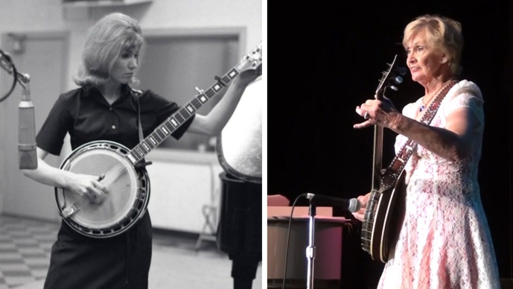 A two-photo collage. The first shows a black and white photo of a young Roni Stoneman in a studio being recorded as she plays the banjo. The second image shows Stoneman on stage in 2012 playing the banjo in Nashville.