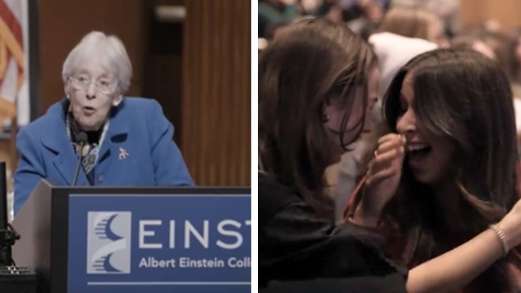 A two-photo collage. The first shows Ruth Gottesman standing at a podium making an announcement. The second image shows a close up of two Albert Einstein College of Medicine Students crying as they start to embrace.