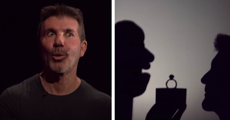 A two-photo collage. The first shows a close up of Simon Cowell. He's making a shocked expression. The second photo shows the shadow of Simon Cowell and Shadow Ace's shadow puppet holding up a box with a ring in it.
