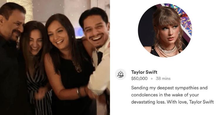 A two-photo collage. The first shows Lisa Lopez-Galvan smiling and laughing with her husband and two children in what looks like a restaurant. The second photo shows a screenshot of Taylor Swift's GoFundMe donations to the late Lisa Lopez-Galvan's family. Swift gave two $50,000 donations, each with the same message: Sending my deepest sympathies and condolences in the wake of your devastating loss. With love, Taylor Swift.