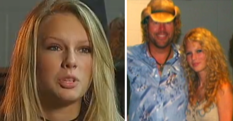 A then 15-year-old Taylor Swift in an interview next to an image of her smiling as she poses for a photo with Toby Keith.