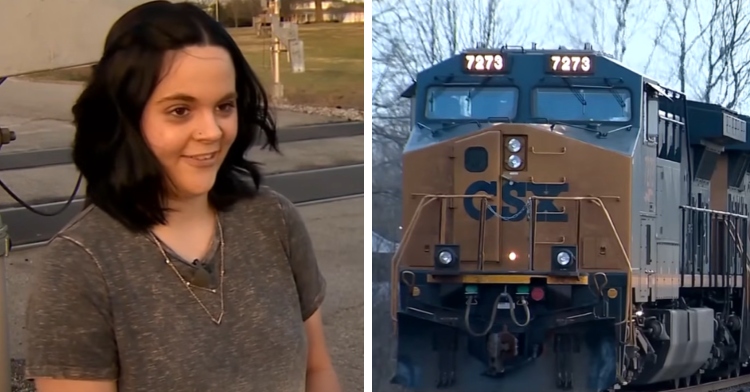 A two-photo collage. The first shows Lilly Baker smiling as she stands near a train tracks. The second image shows a train from the tracks where Lilly rescued an elderly woman.