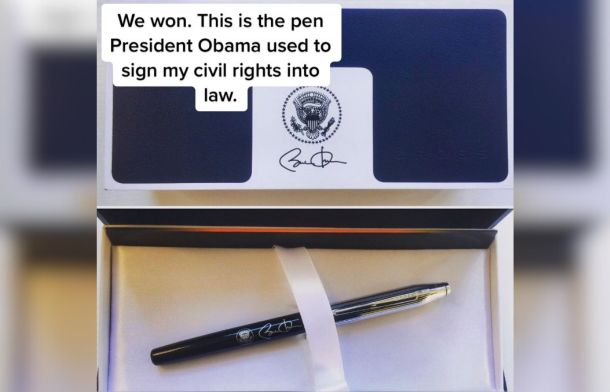 Image shows the pen used by President Obama to sign the Rape Survivors' Bill of Rights in 2016.