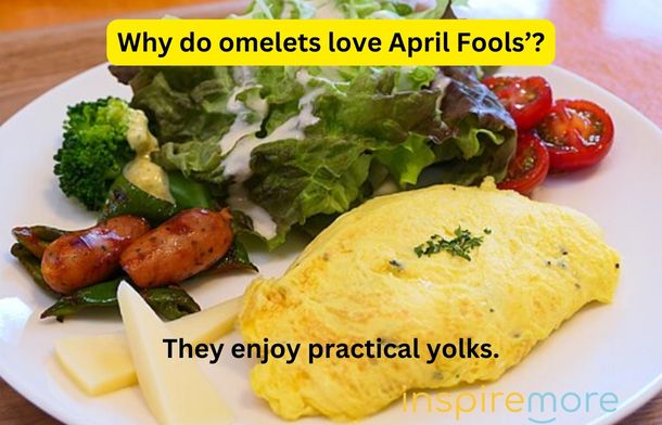 Image shows an omelet and breakfast side dishes on a plate with the words, "Why do omelets love April Fools' Day? They enjoy practical yolks."