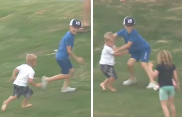 Left image shows a younger brother chasing an older brother. Right image shows them connecting, with a young girl watching as the brothers fight.