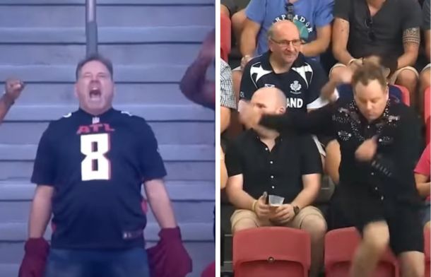 Left image shows professional dancing man Cameron Hughes using his talent to ignite the crowd at an Atlanta Falcons game. Right image shows Cameron dancing at a Singapore sporting event.