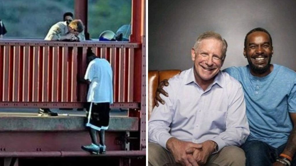 Left image shows Kevin Berthia and Kevin Briggs on the Golden Gate Bridge in 2005. Right image shows the two men recently as they work on production of a documentary titled "92 Minutes."