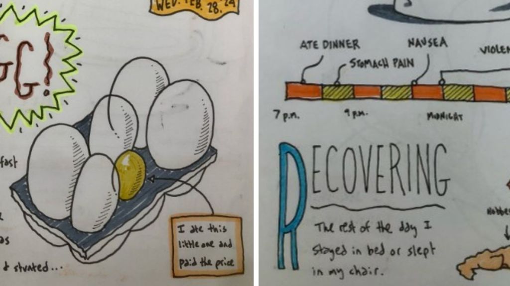Image shows two partial clips of Dave's journal after he suffered food poisoning from eating a bad egg.