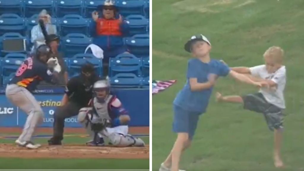 Left image shows a batter and catcher at the plate during a baseball game. Right image shows two brothers in a fight on "The Hill."