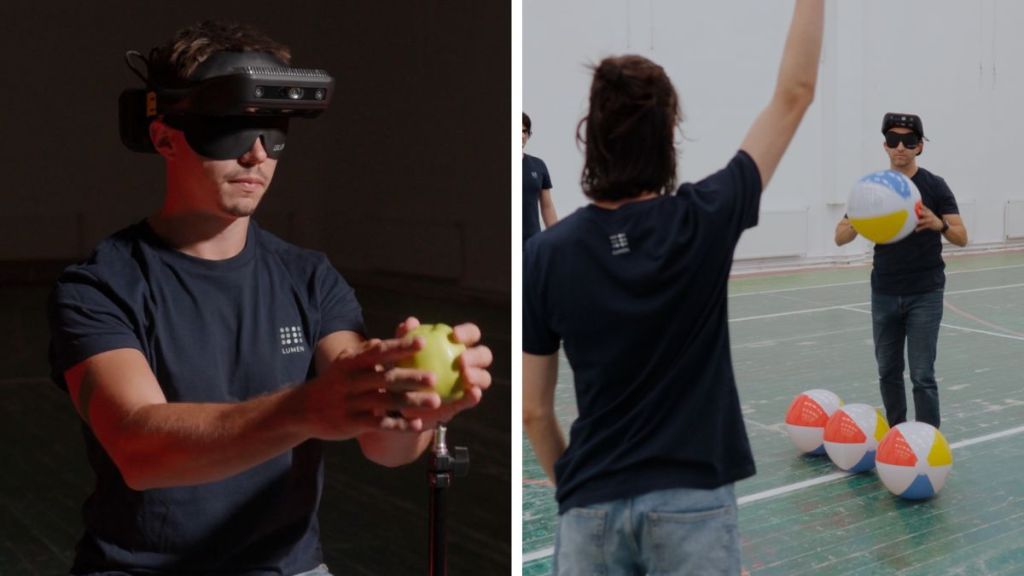 Left image shows "blind glasses" during auditory testing. Right image shows a blind person catching a beach ball during haptic testing.