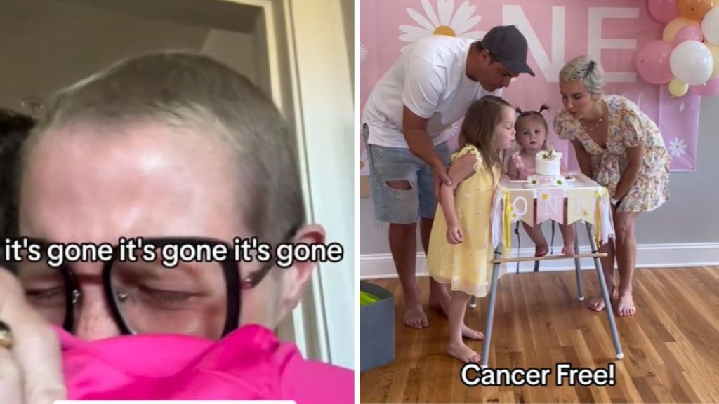 Left image shows a woman hugging her husband after a cancer-free notification. Right image is a family celebrating the mom's cancer-free status.