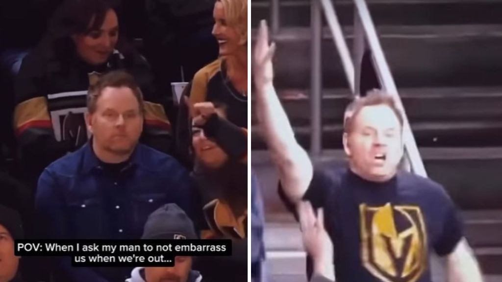 Left image shows a man in the stands at a sporting event and the woman next to him is pointing to the Jumbo Tron. Right image shows the same man dancing like a maniac.