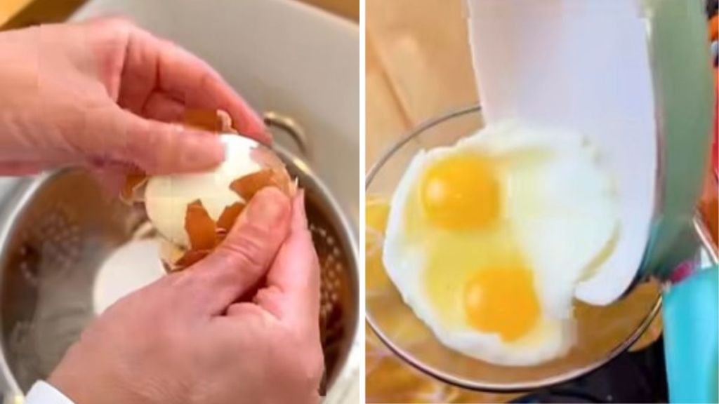 Left image shows a boiled egg being peeled. Right image shows a kitchen tip to flip over-easy eggs without breaking the yolks.