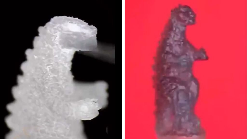 Left image shows an incomplete rice art sculpture of Godzilla while the artist works to add detail. Right image shows the completed rice art sculpture after painting.