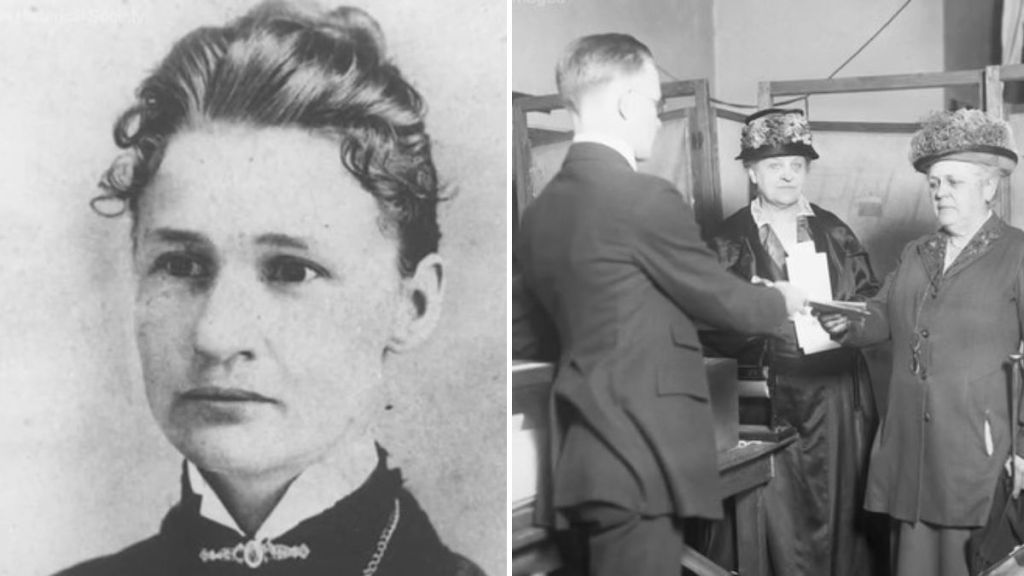 Left image shows a portrait of Susanna Salter. Right image a woman being sworn in to vote in Kansas.