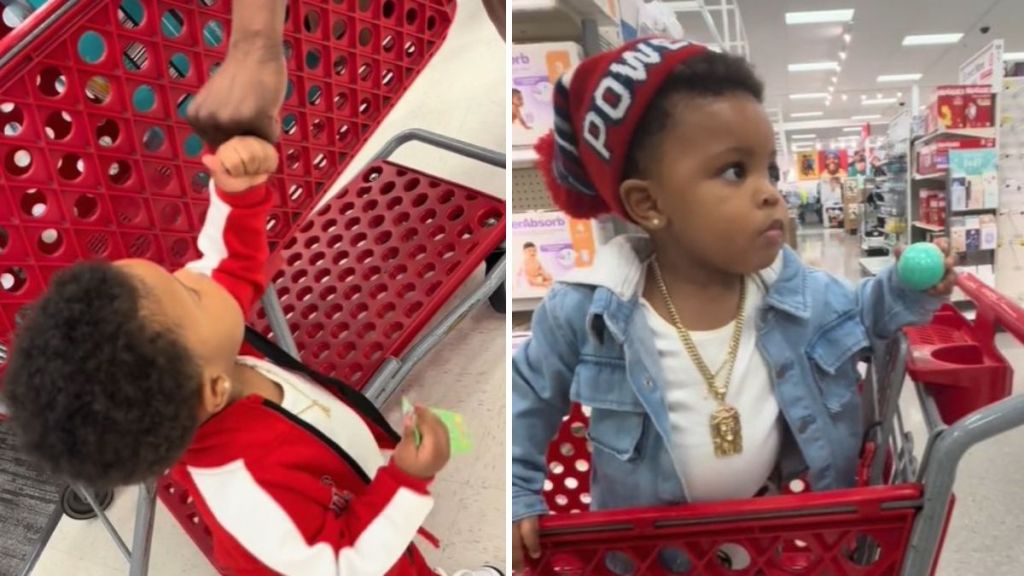 Left image shows a toddler saying hi with a fist bump. Right image shows a happy toddler riding in a shopping cart saying hi to everyone.