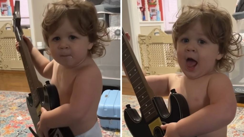 Images show an adorable toddler singing the song "You Are My Sunshine" while holding a guitar.