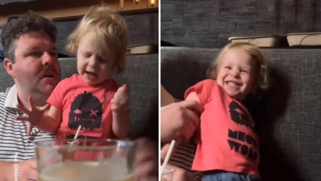Left image shows a toddler having a fist-pumping tantrum. Right image shows the same toddler laughing seconds later with her dad's quick fix.