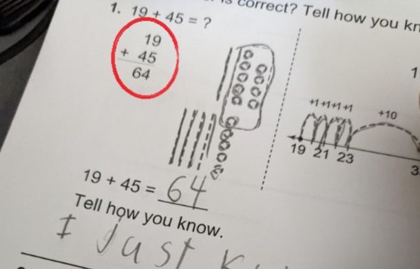 Image shows a partial homework sheet with math questions and a funny homework answer. One of the problems (with the answer) is circled in red..