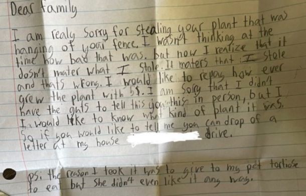 Image shows the note posted to X (Twitter). In the note a child apologizes for stealing a plant and they included $5 with the note.
