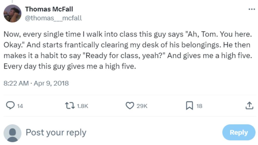 A tweet about an encounter with an annoying classmate.
