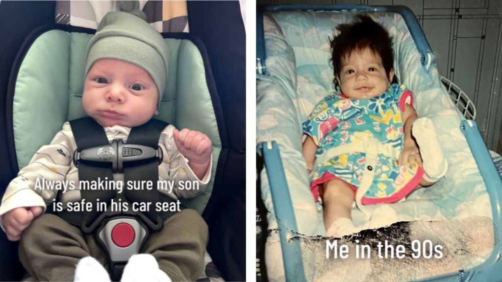 Babies in car seats then vs now.