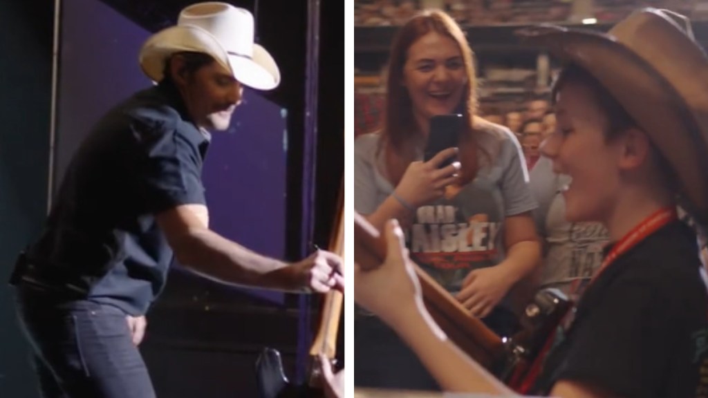 A two-photo collage. The first shows Brad Paisley on stage as he hands a guitar to someone. The second image shows a kid named Mason. He's smiling wide as he holds Brad Paisley's guitar. A woman stand nearby, capturing the moment on camera. She's smiling wide.