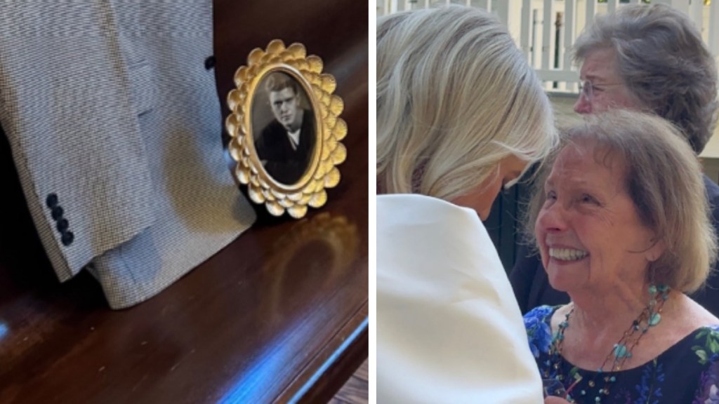 A two-photo collage. The first shows a man's jacket resting on the back of a church pew. Next to it is a framed black and white photo of a young man. The second image shows a close up of a grandmother smiling up at a bride.