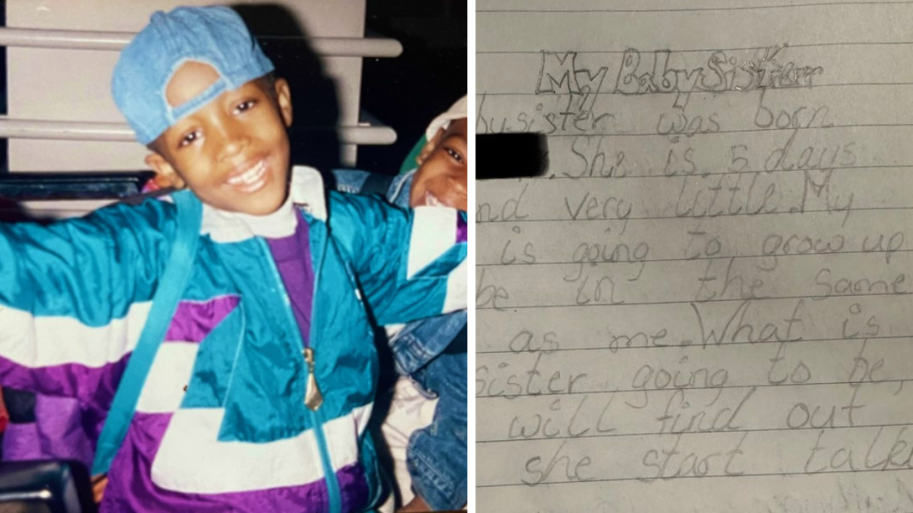 A little boy wearing a hat backwards smiles for a photo next to a picture of his childhood notebook