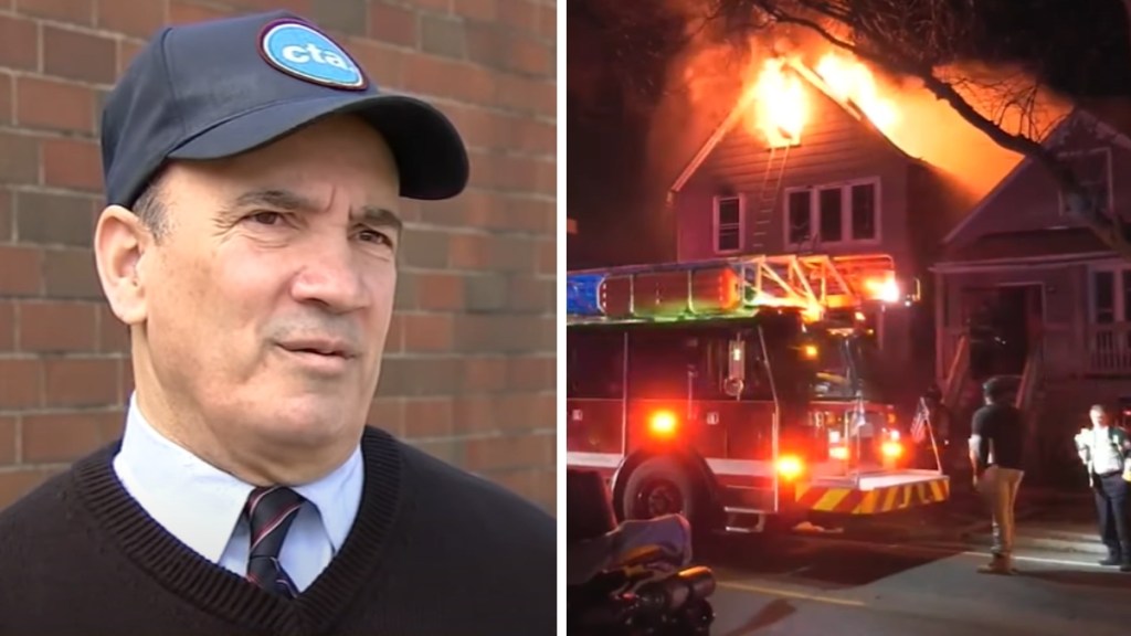 A two-photo collage. The first shows bus driver Anastasios Adamopoulos standing outside, wearing a CTA hat, as he talks with local news. The second image shows a view of a home in Chicago on fire. A fire truck is just outside and there are people walking around.