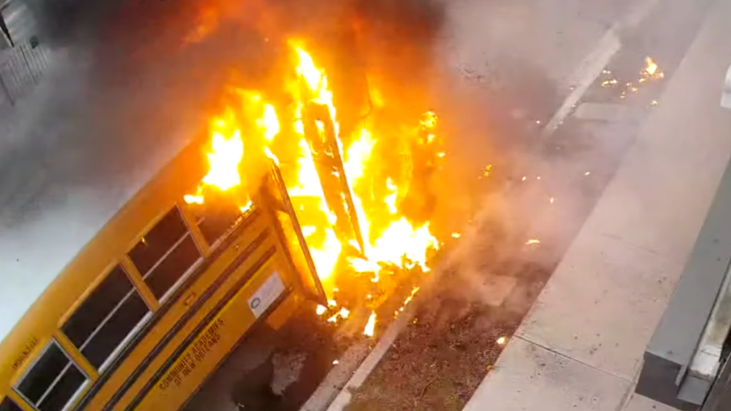 a school bus on fire