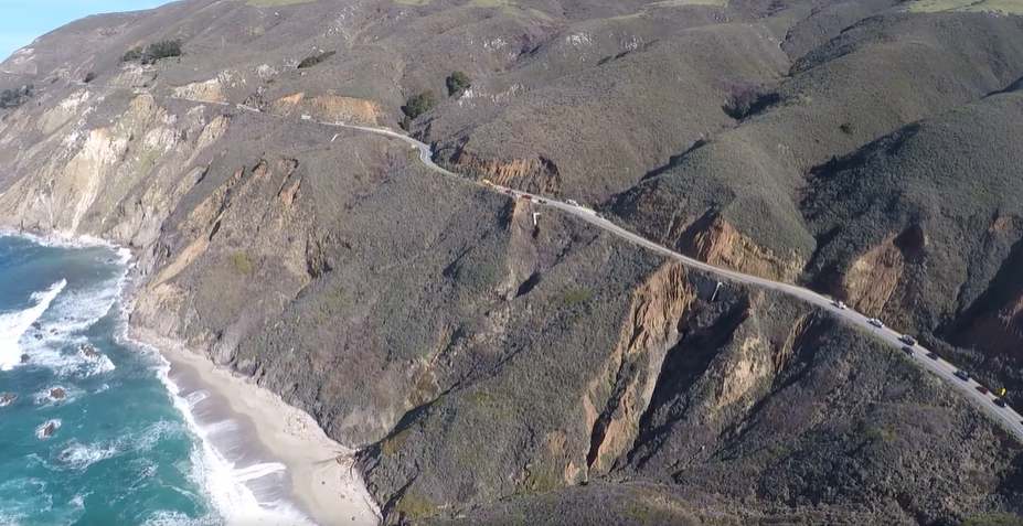Far-away view of a cliff side at Big Sur as seen from a rescue chopper.
