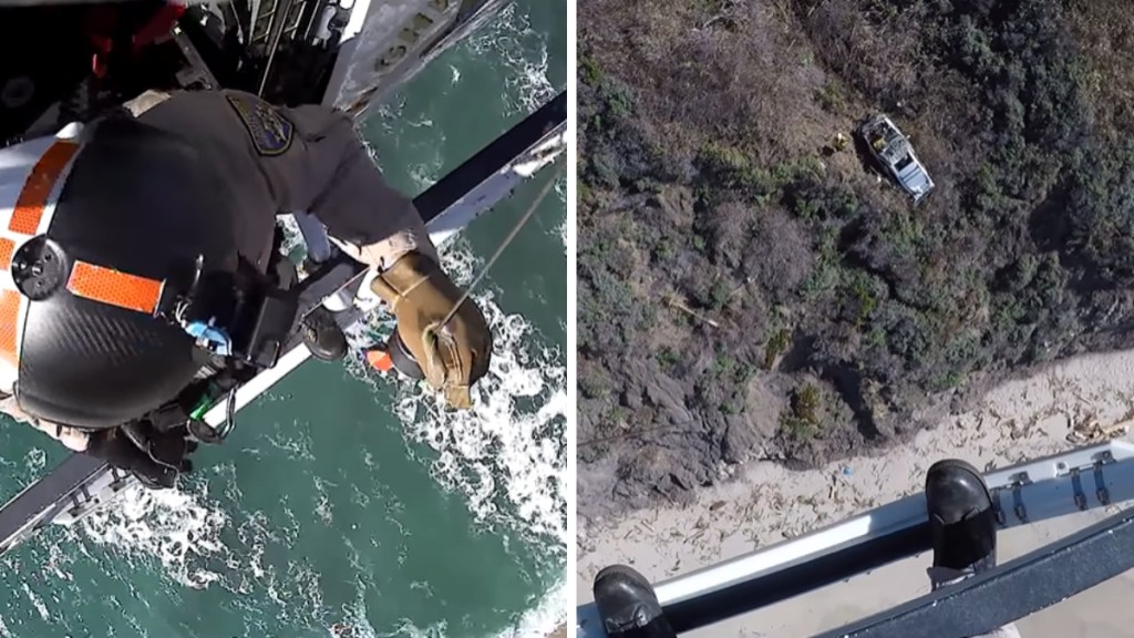 A two-photo collage. The first shows a top-down view of someone on a rescue chopper preparing to descend, water below them. The second image shows the view from that person's perspective. Looking down, we see a stranded car on a cliffside.