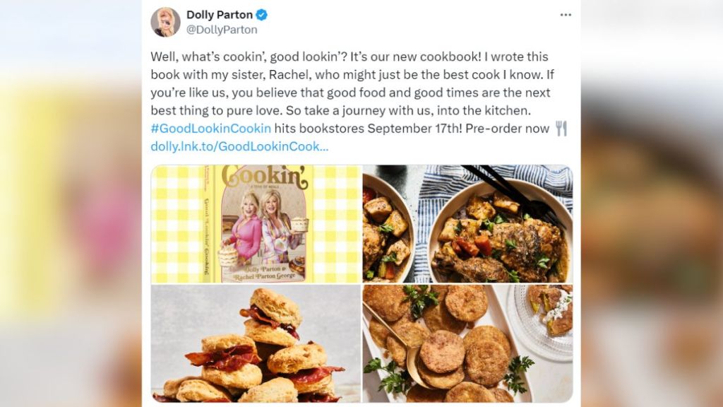 A tweet from Dolly Parton about her new cookbook.