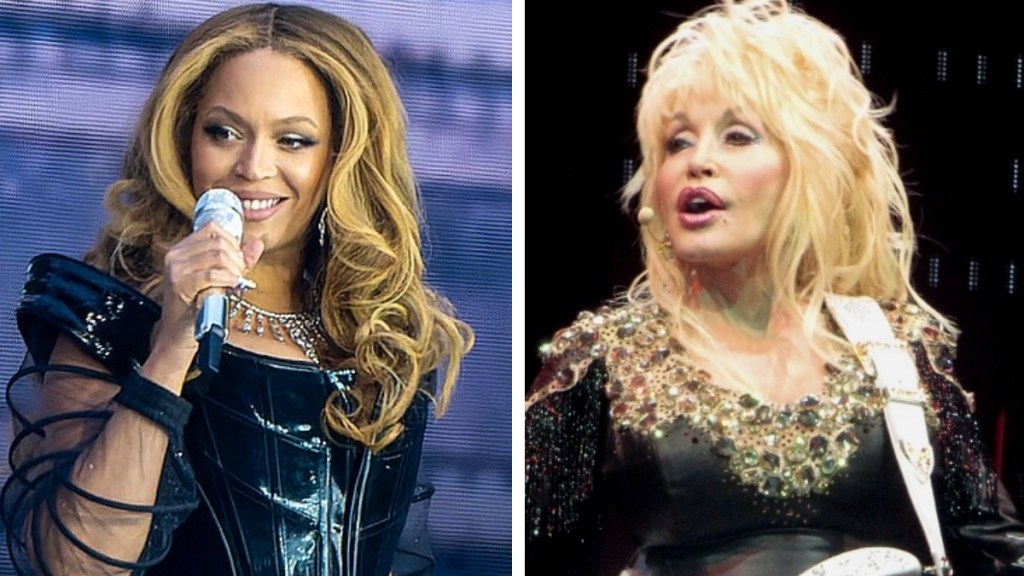 A two-photo collage. The first shows Beyoncé smiling on stage with a mic in hand. The second shows Dolly Parton singing on stage. In both they're wearing mainly black outfits.
