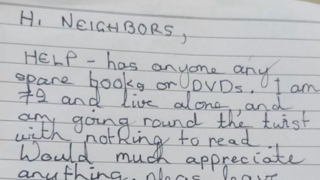 A note from an elderly woman asking for books and DVDs.