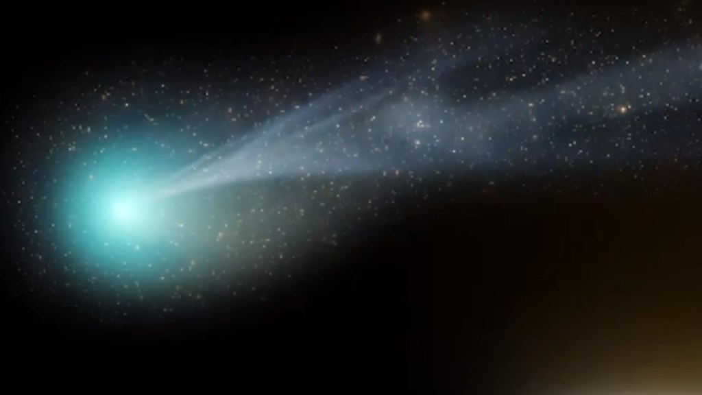 Close up view of a green comet flying through space