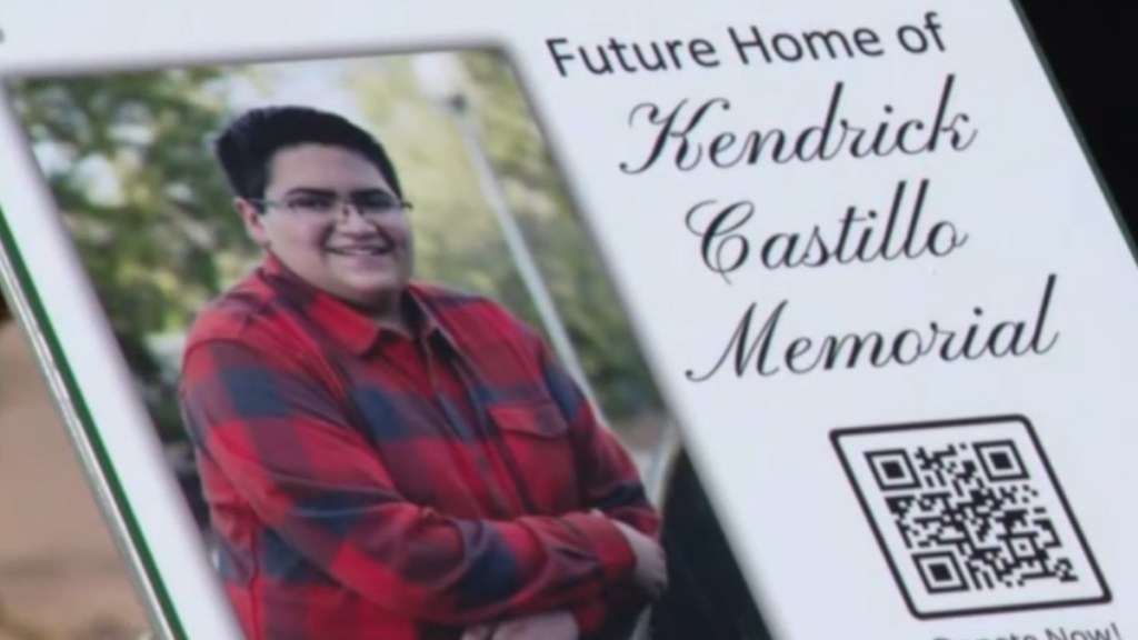 Close up of the sign that indicates the future location of Kendrick Castillo's memorial. It includes a picture of the teen smiling. It reads: Future Home of Kendrick Castillo Memorial. There's a QR code to donate.