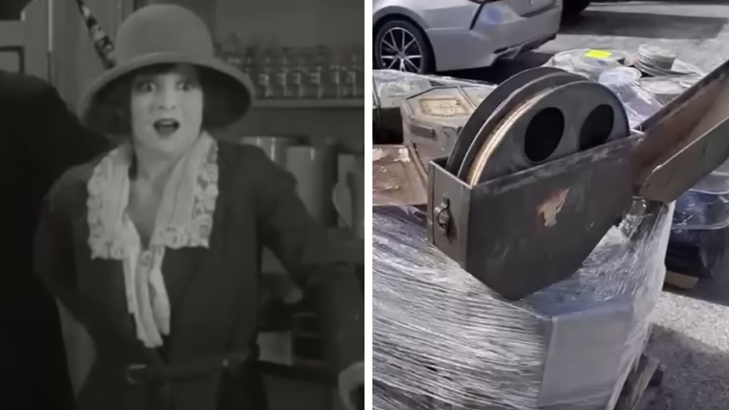 A two-image collage. The first shows an image from a black-and-white silent film with Clara Bow. The actor has her mouth in open from shock. The second image shows a stack of film reels with one open on top.