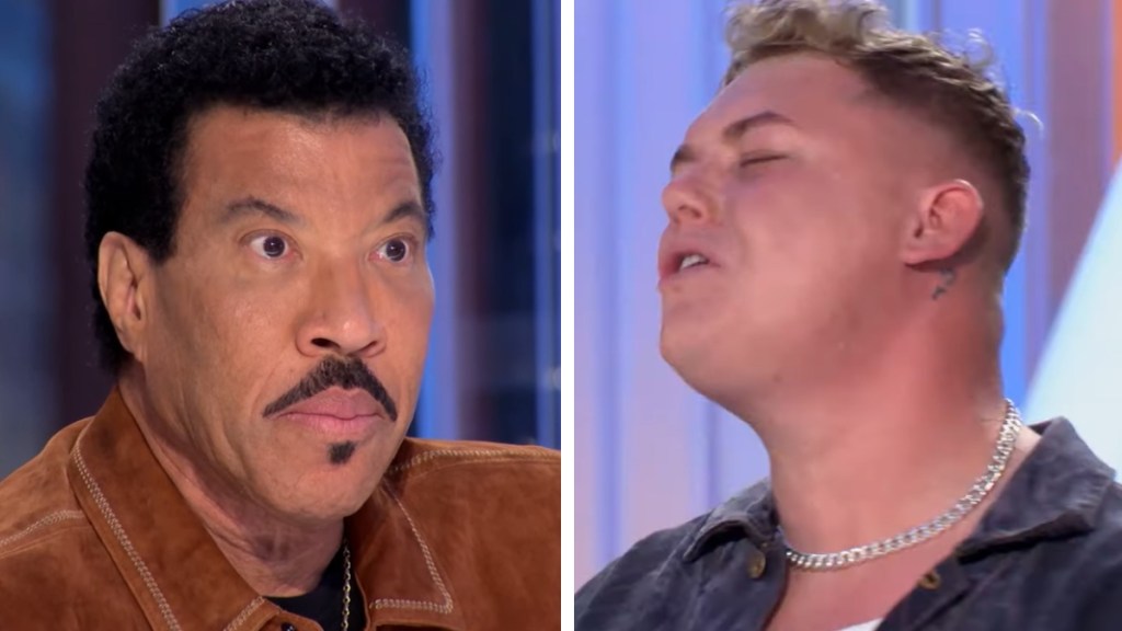 A two-photo collage. The first shows a close up of Lionel Richie. His eyes are wide with shock. The second image shows a close up of Michael Rice with his eyes closed as he sings.