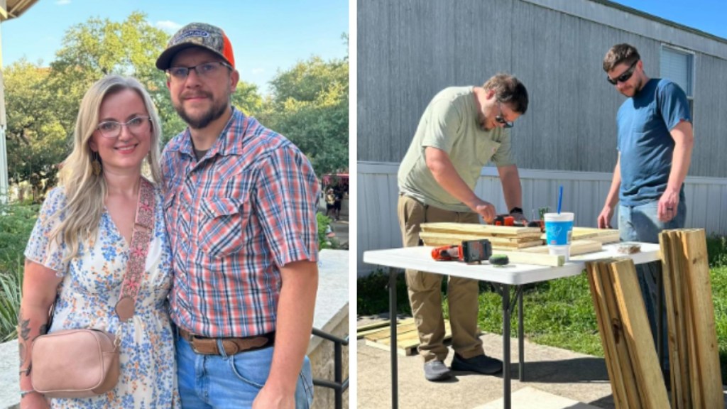 A two-photo collage. The first shows a married couple smiling as they pose outside. The second image shows two men working to build something. There's wood on a table and next to them on the ground.