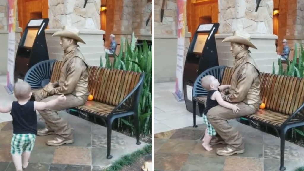 Image on left shows a young boy running toward a statue on a bench. Right image shows boy hugging and looking up at the statue