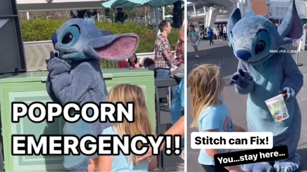 Stitch helps a young Disney patron after she drops her popcorn.