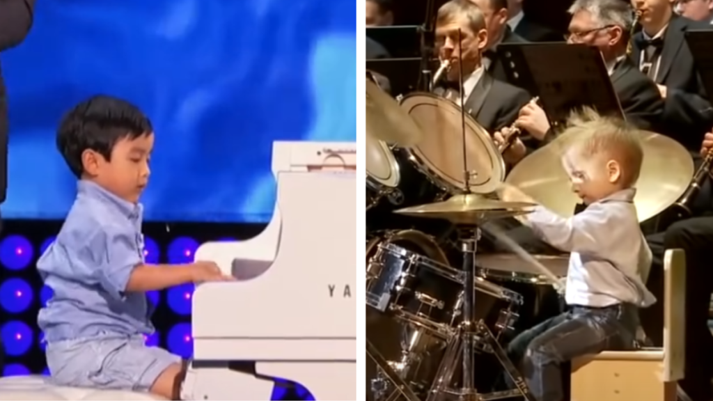 two talented kids: a little boy playing the piano next to another little boy playing the drums