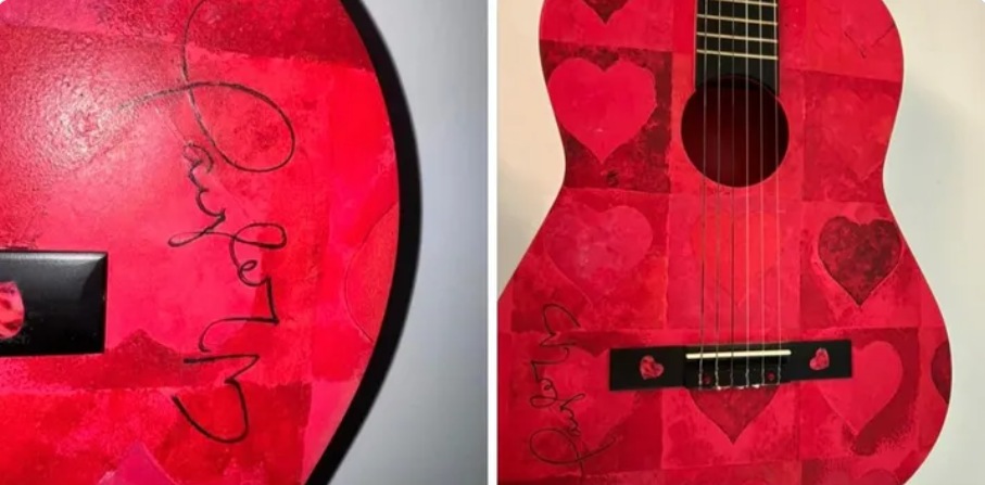 A two-photo collage of Emily's signed Taylor Swift guitar. It's red with hearts on it.
